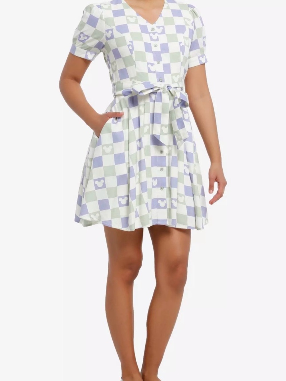 Her Universe Disney Mickey Mouse Pastel Checkered Tie-Front Dress Her Universe